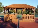 After cleaning, wood components replaced, gazebo stained with premium semi solid stain. Easton, MD.